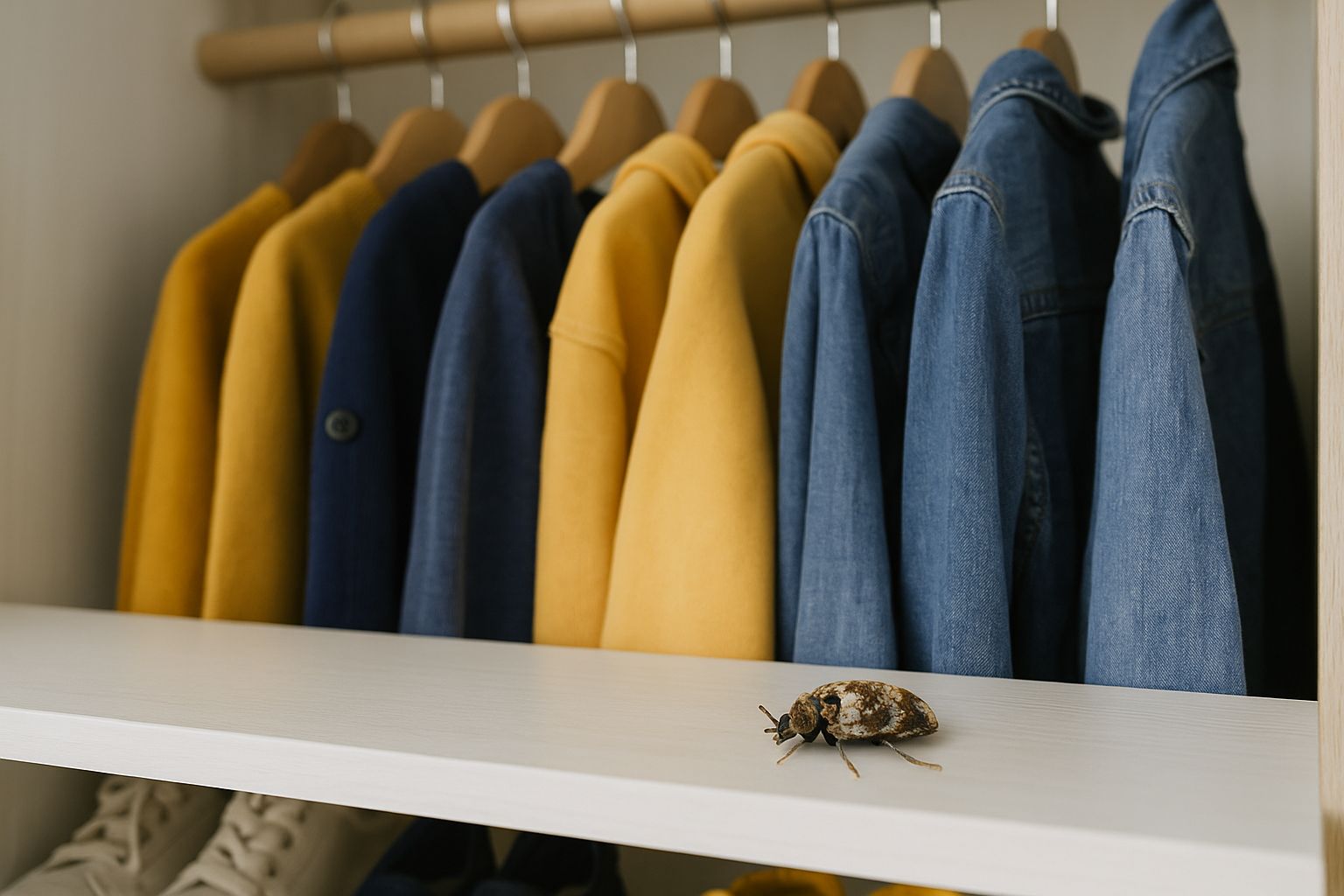 Turkiskuoriaisen toukka syö villakangasta, jättäen jälkeensä reikiä ja tuhoa.